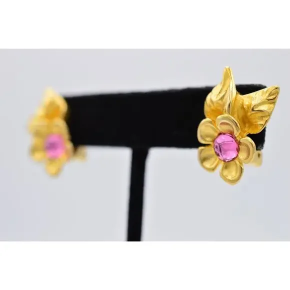 Givenchy Vintage Cabochon Flower Clip On Earrings Pink Brushed Gold Signed BinX